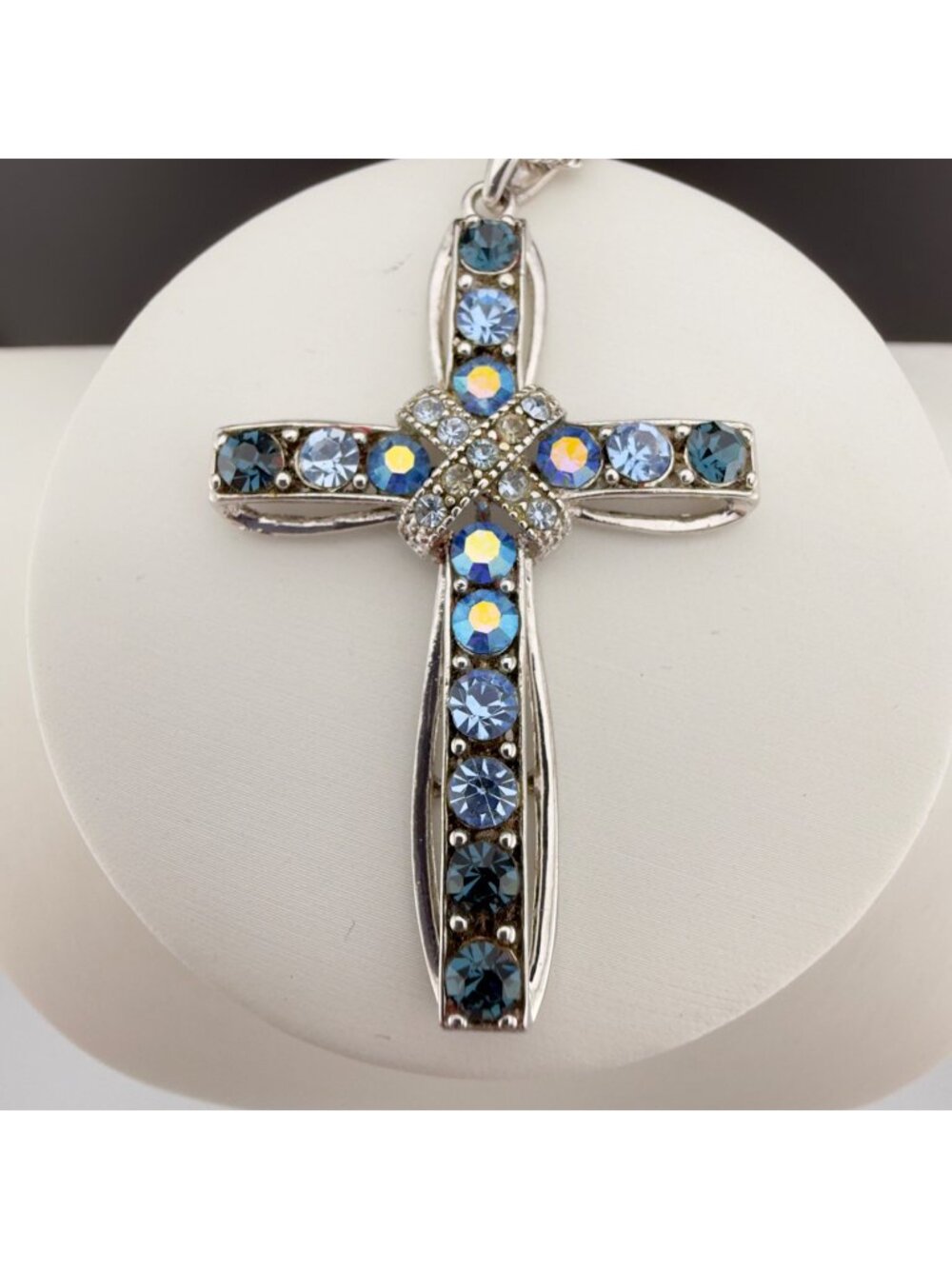 Cross Pendant Necklace Blue Clear AB Rhinestone 16” Silver Tone
